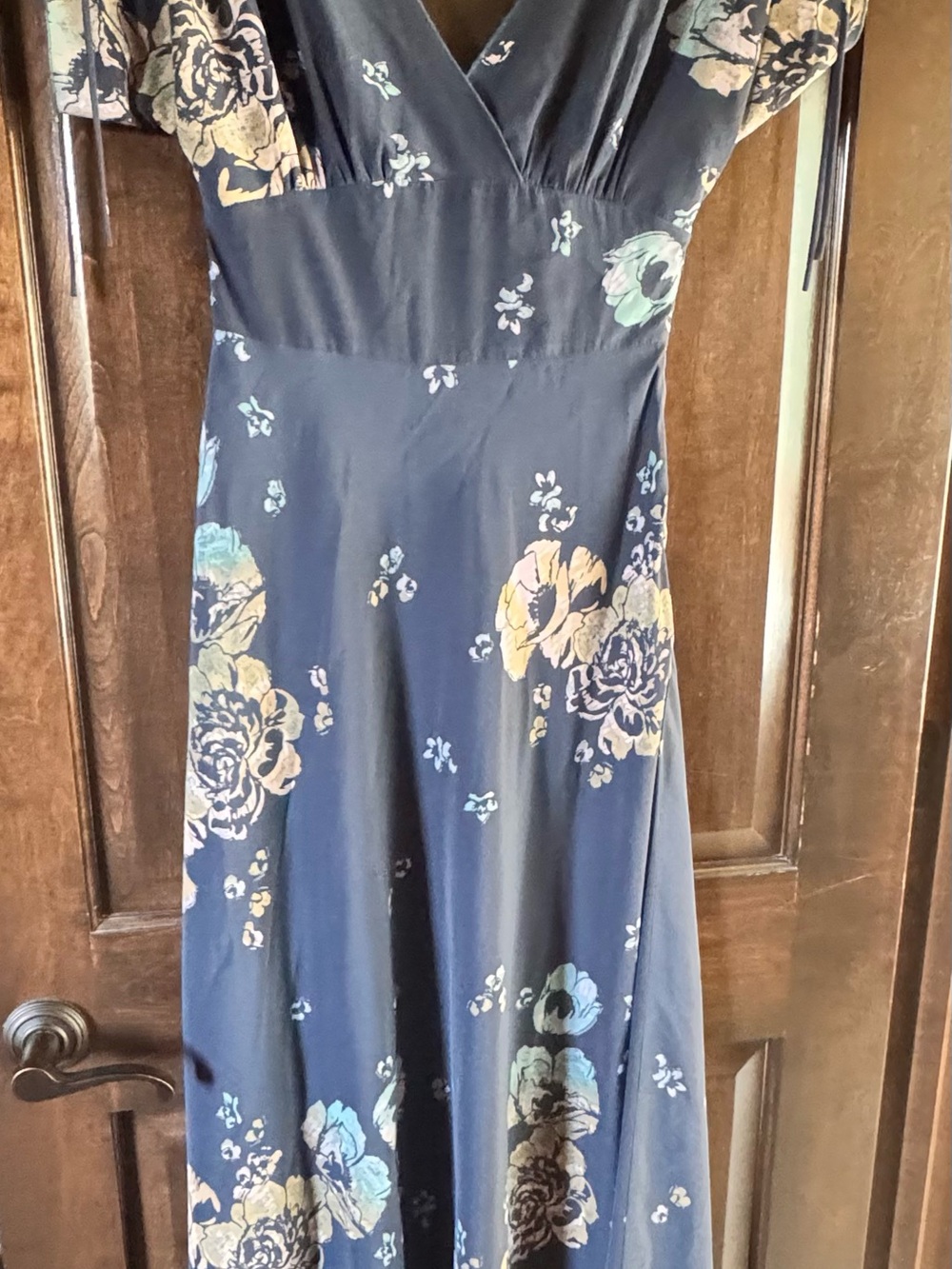Free People Navy Floral V-Neck Maxi Dress with Pastel Blooms